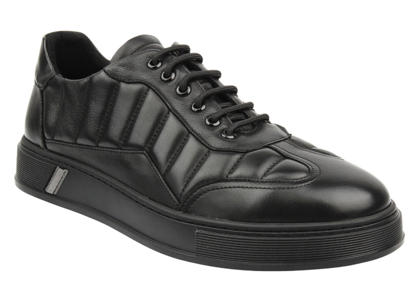 Skórzane Sneakersy Męskie - JOHN DOUBARE 603-10 Czarne Sznurowane