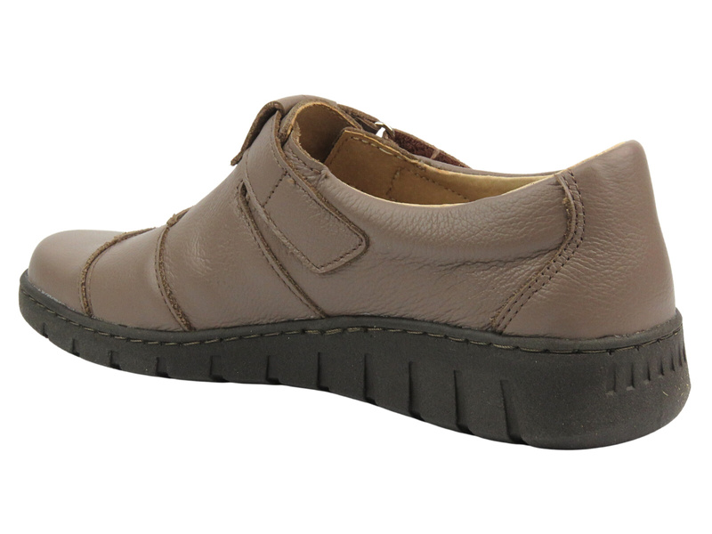 Skórzane półbuty damskie zapinane na rzep - Helios Komfort 780-2S, brązowe