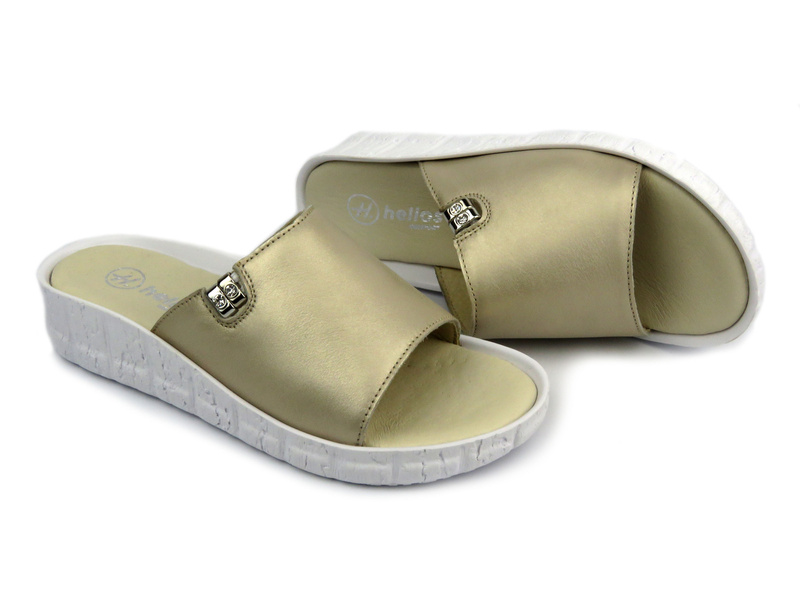 Klapki damskie skórzane płaskie złote Helios Komfort 130