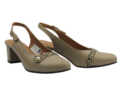 Skórzane czółenka na obcasie beżowe z panterką GALANT 3205