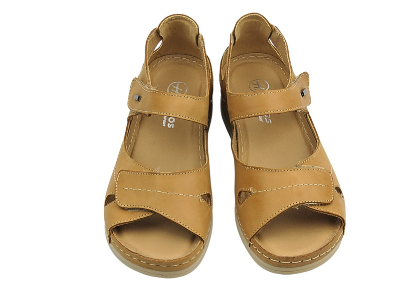 Skórzane sandały damskie na platformie - HELIOS Komfort 139, jasnobrązowe