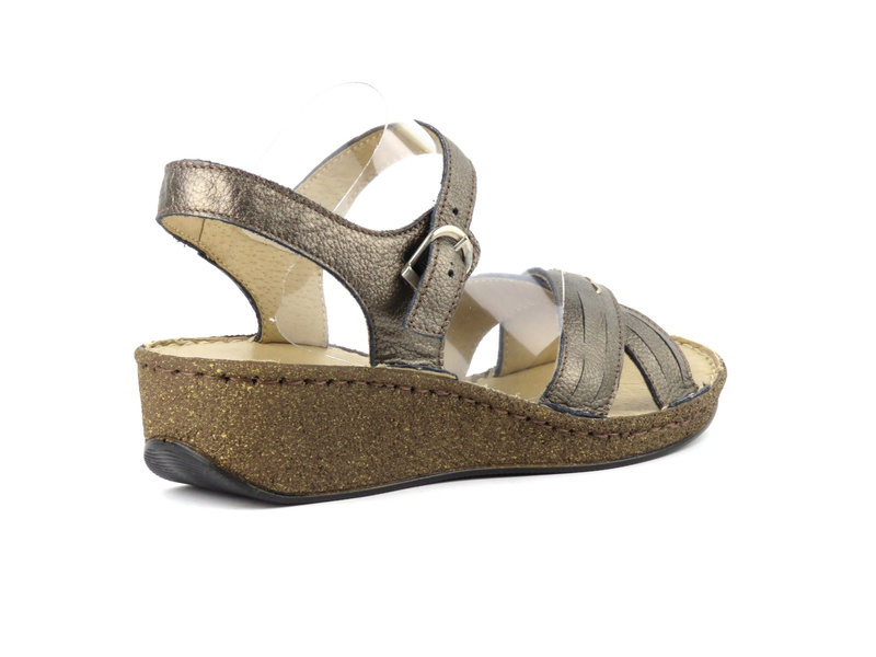Skórzane sandały damskie na niewysokim koturnie - HELIOS Komfort 228, miedziane