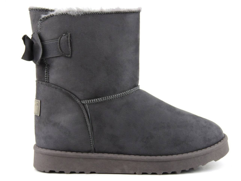 Ciepłe śniegowce damskie a la emu - CROSS JEANS EE2R4149C, szare z kokardką