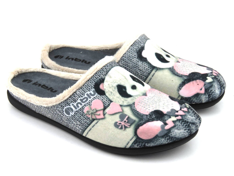 Miękkie kapcie damskie z pandą - INBLU 155D209, szare