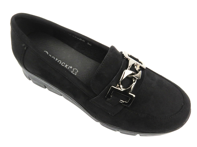 Półbuty, mokasyny damskie na grubej podeszwie - Potocki 24-12490, czarne