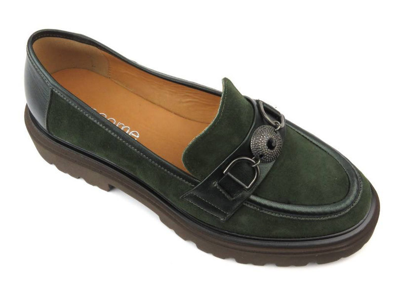 Półbuty, loafersy damskie na platformie - UNCOME 37158, zielone