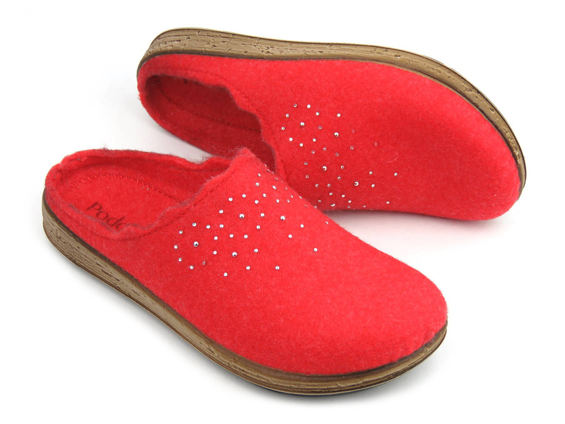 Kapcie damskie z ekologicznego filcu - INBLU ILENA 40337, czerwone z kryształkami