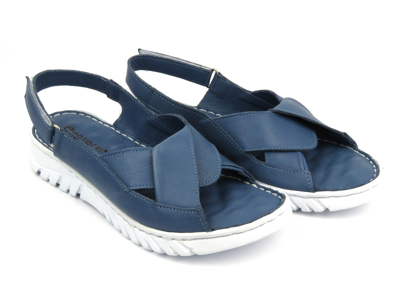 Skórzane sandały damskie na rzep - Potocki 24-84300, niebieskie