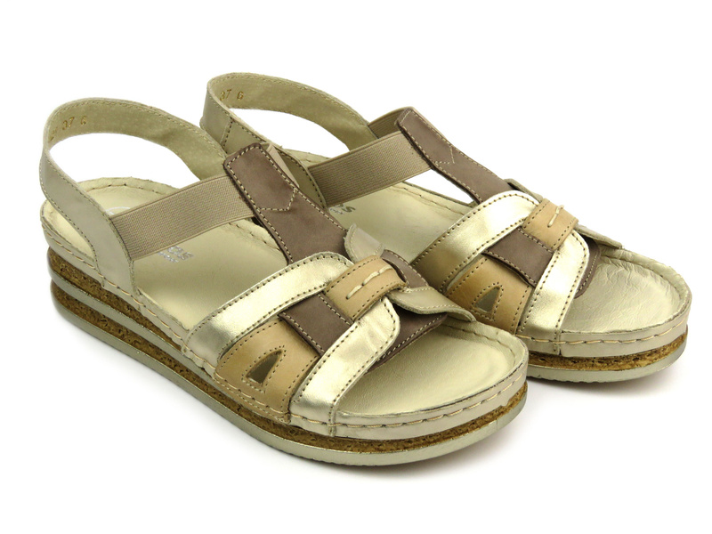 Skórzane sandały damskie na delikatnym koturnie złote Helios Komfort 129