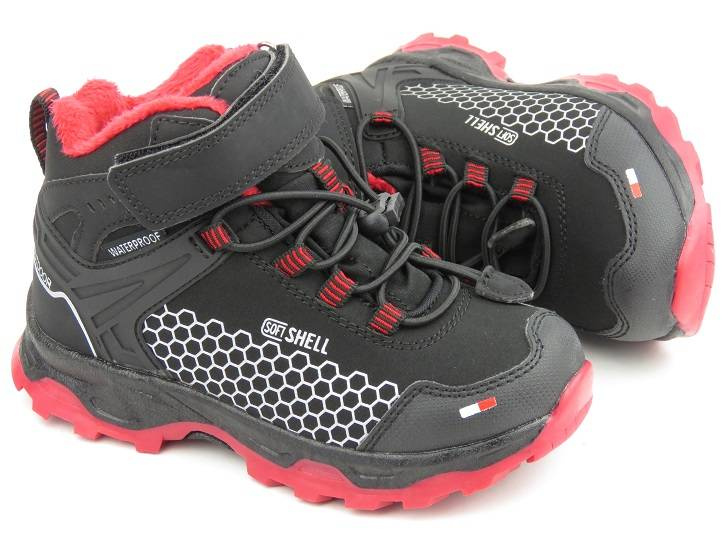 Śniegowce, trekkingi dziecięce z softshell - AMERICAN CLUB HL 29/22, czarne z czerwonym