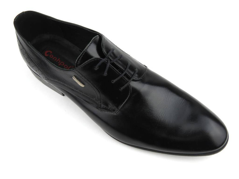 Skórzane półbuty męskie wizytowe - CONHPOL 3611-0017, czarny