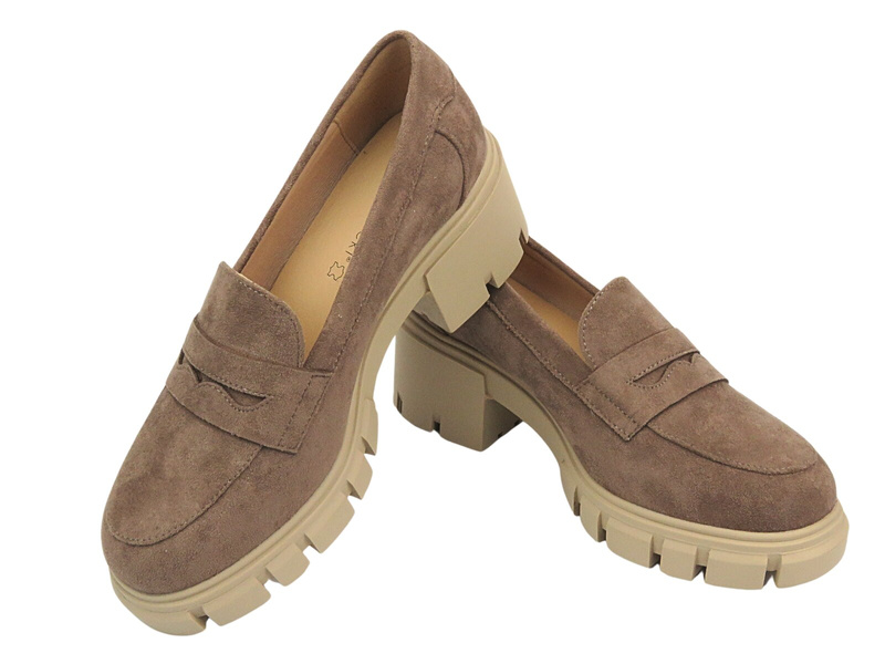 Półbuty, loafersy damskie Potocki 24-12401, khaki - wsuwane