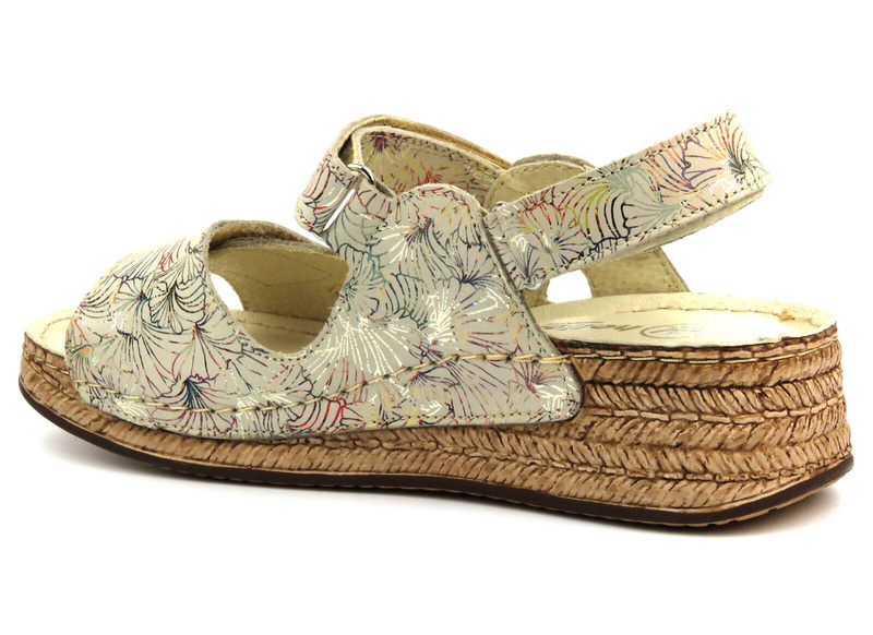 Skórzane sandały damskie na rzepy - Helios 138, ecru w kwiaty