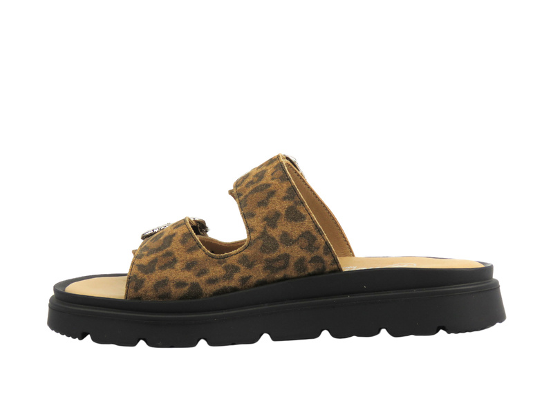 Skórzane klapki damskie z regulowanymi paskami brązowe w panterkę HELIOS Komfort 158,