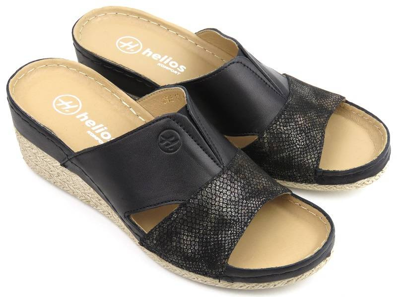 Skórzane klapki damskie na koturnie - HELIOS Komfort 295, czarne