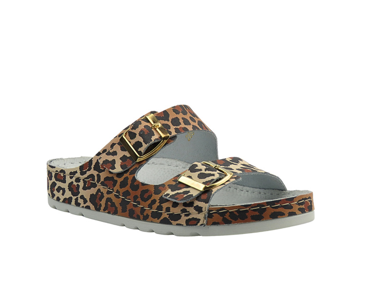 Wygodne klapki damskie lekarskie, sanitarne brązowe w panterkę HELIOS Komfort 288