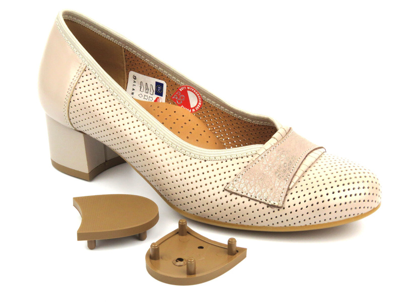 Skórzane czółenka na obcasie z dodatkowymi flekami - GALANT 1042, beżowe