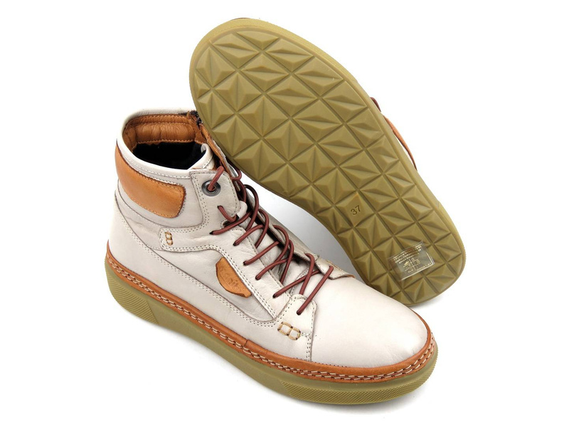 Botki, trzewiki damskie sznurowane z suwakiem - MANITU 990061-81, kremowe