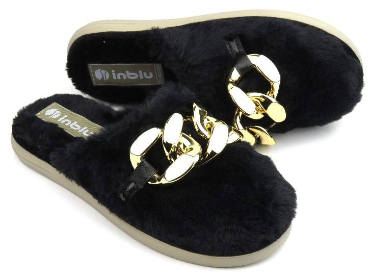 Futerkowe kapcie damskie z łańcuchem - INBLU EK-06, czarne