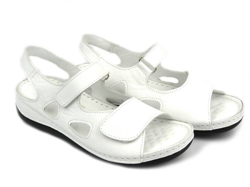 Skórzane sandały damskie na rzepy - Helios 1203, białe