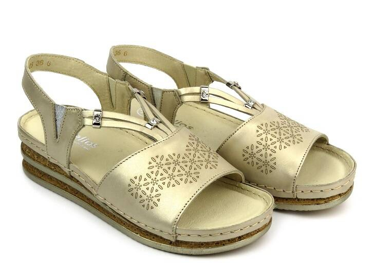 Skórzane sandały damskie na delikatnym koturnie - HELIOS Komfort 125, złote