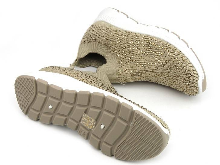 Materiałowe buty damskie sportowe z cekinami - Skotnicki 0592, beżowe