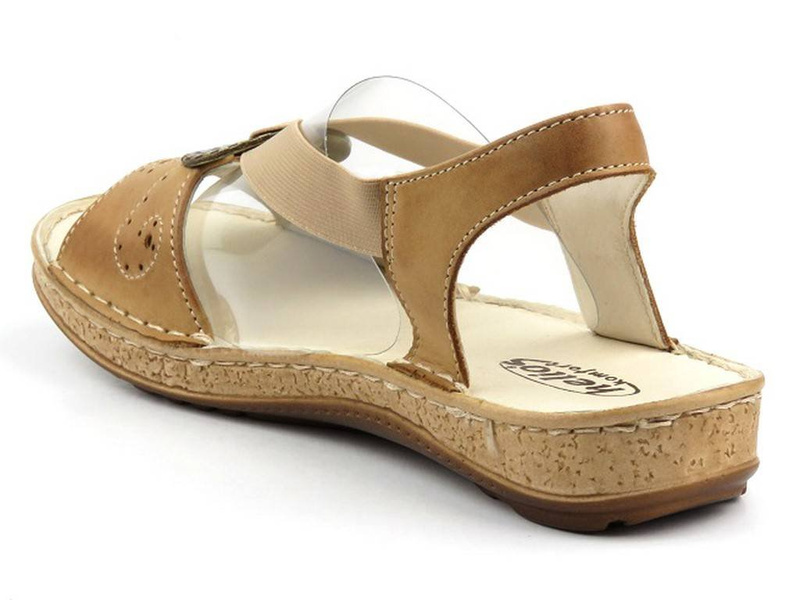 Skórzane sandały damskie z klamrą - Helios Komfort 672, jasnobrązowe