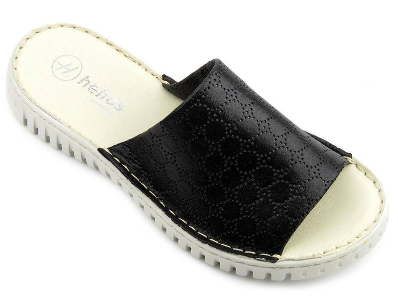 Skórzane klapki damskie na białej podeszwie - HELIOS Komfort 255, czarne