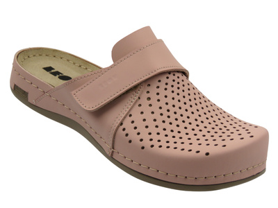 Skórzane, ażurowe klapki damskie różowe Leon 970