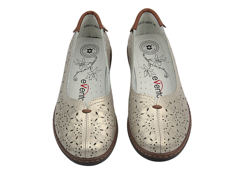 Skórzane półbuty, baleriny damskie złote Evento 25PB17-8357