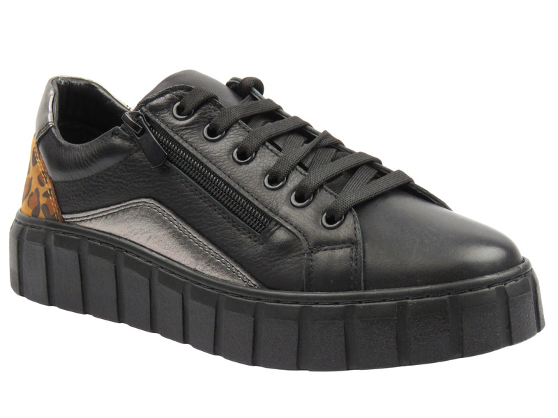 Skórzane półbuty damskie Sokolski J25-404, czarne z panterką