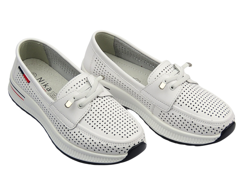 Skórzane półbuty damskie ażurowe białe Nika Komfort H-647