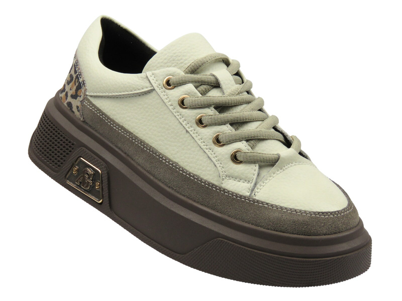 Skórzane sneakersy damskie na platformie beżowe Cambell 25-19343