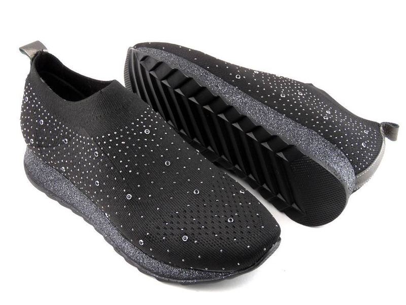 Materiałowe buty damskie sportowe z cekinami - Venezia 759, czarne