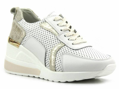 Skórzane snekersy damskie sportowe na koturnie - Artiker 50C1285, białe