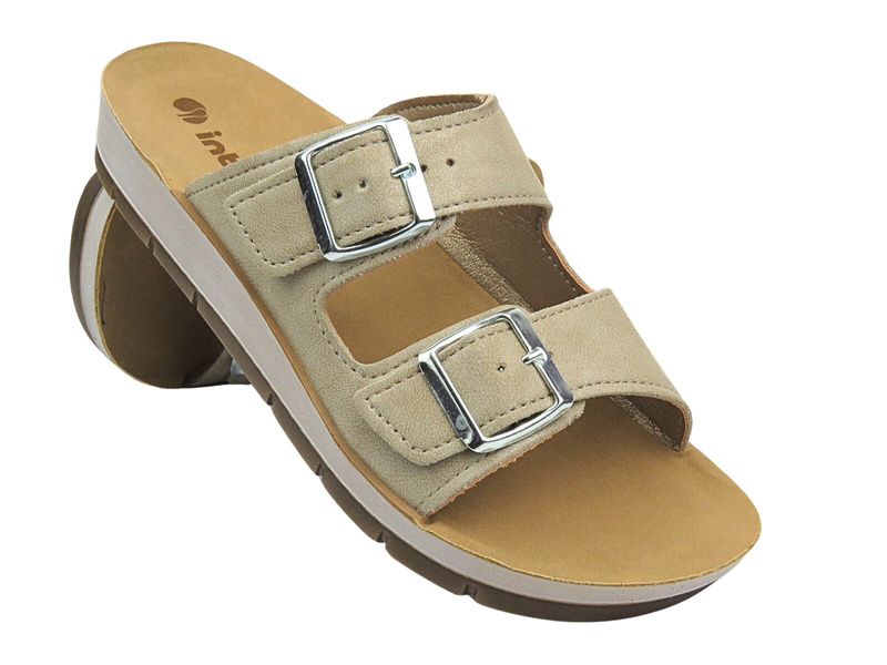 Klapki damskie z klamrami - INBLU PROCIDA, beżowe II GATUNEK