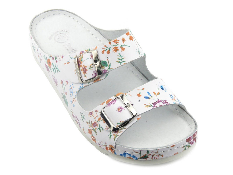 Skórzane klapki damskie lekarskie - HELIOS Komfort 288, białe z kwiatkami