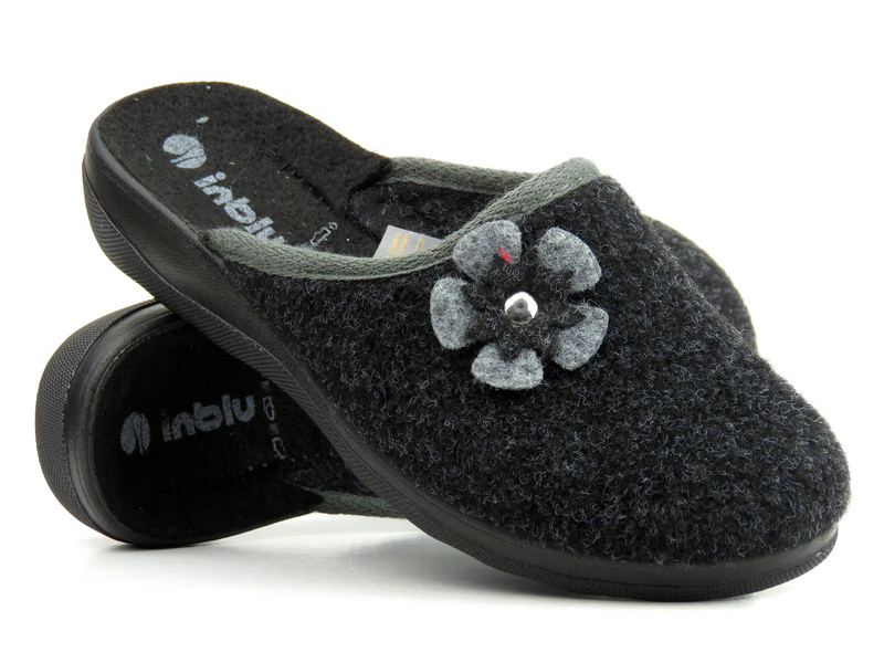 Ciepłe kapcie damskie z kwiatkiem na cholewce - INBLU 064-86, grafitowe
