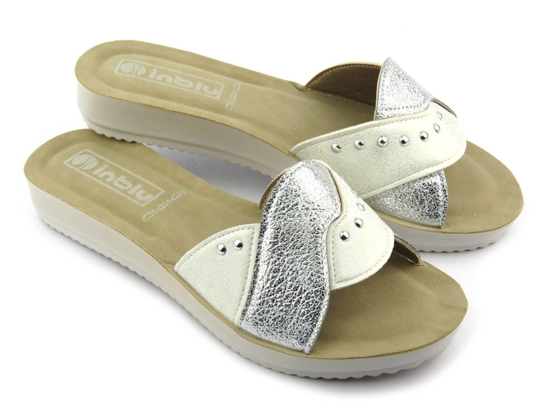 Klapki damskie z ozdobną, połyskującą cholewką - INBLU BM-58, białe ze srebrnym