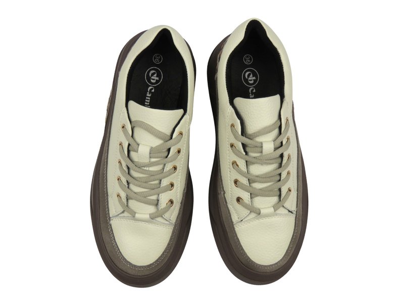 Skórzane sneakersy damskie na platformie beżowe Cambell 25-19343