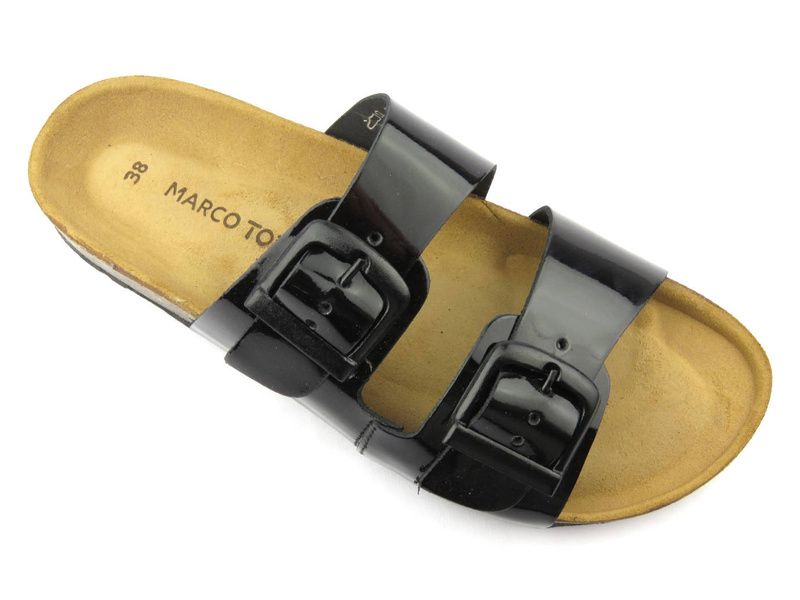 Skórzane klapki damskie z regulowanymi paskami - MARCO TOZZI 27405, czarne