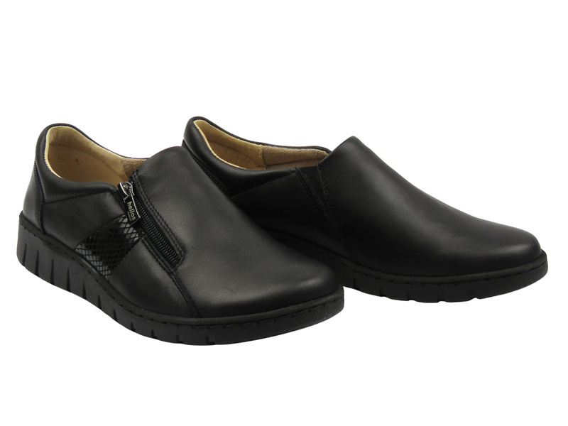 Skórzane półbuty damskie wsuwane czarne Helios Komfort 454