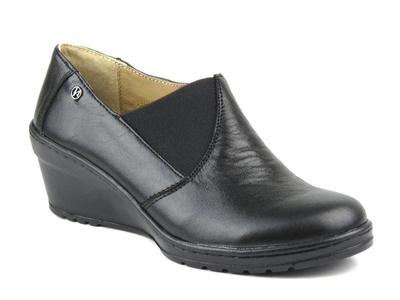 Skórzane półbuty damskie na koturnie - Helios Komfort 387, czarne