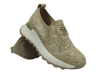 Półbuty, Damskie Koronkowe - Vinceza 66721, Beżowe