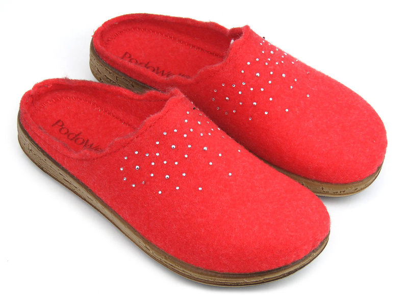 Kapcie damskie z ekologicznego filcu - INBLU ILENA 40337, czerwone z kryształkami