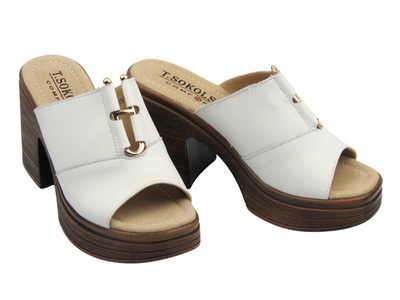 Skórzane klapki damskie na obcasie białe Sokolski L25-13