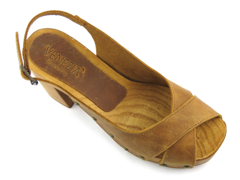 Sandały damskie na drewnianym obcasie - VENEZIA 455 CRAZY TIMBER, brązowe drewniaki