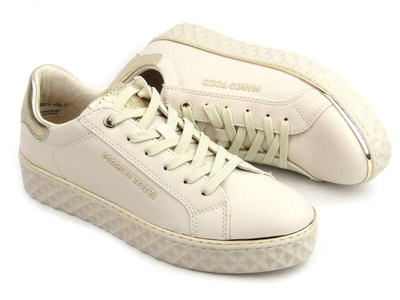 Sneakersy damskie ze skóry ekologicznej - MARCO TOZZI 2-23705-41, beżowe ze złotem