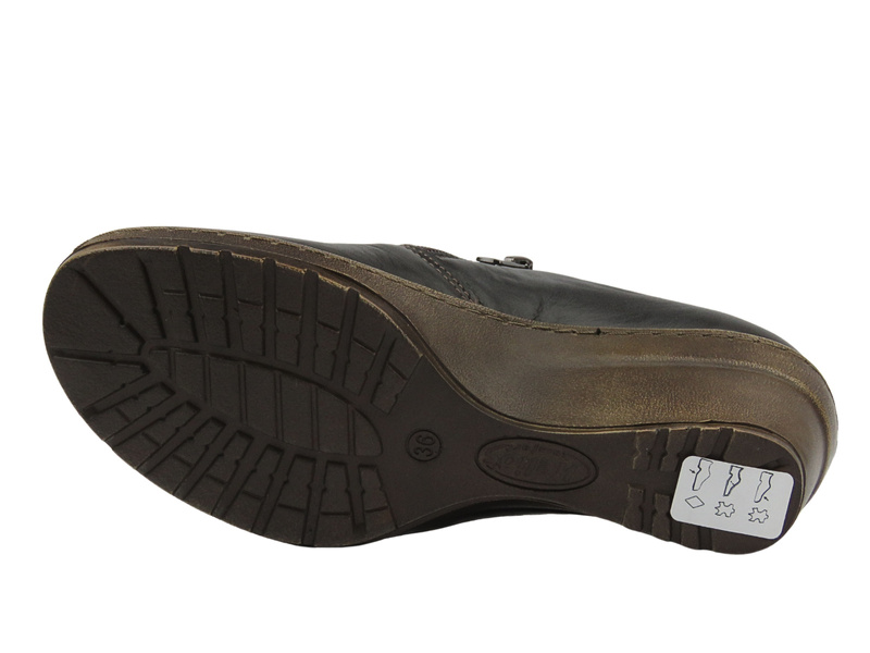 Skórzane półbuty damskie na koturnie - HELIOS Komfort 640, ciemnobrązowe na suwak