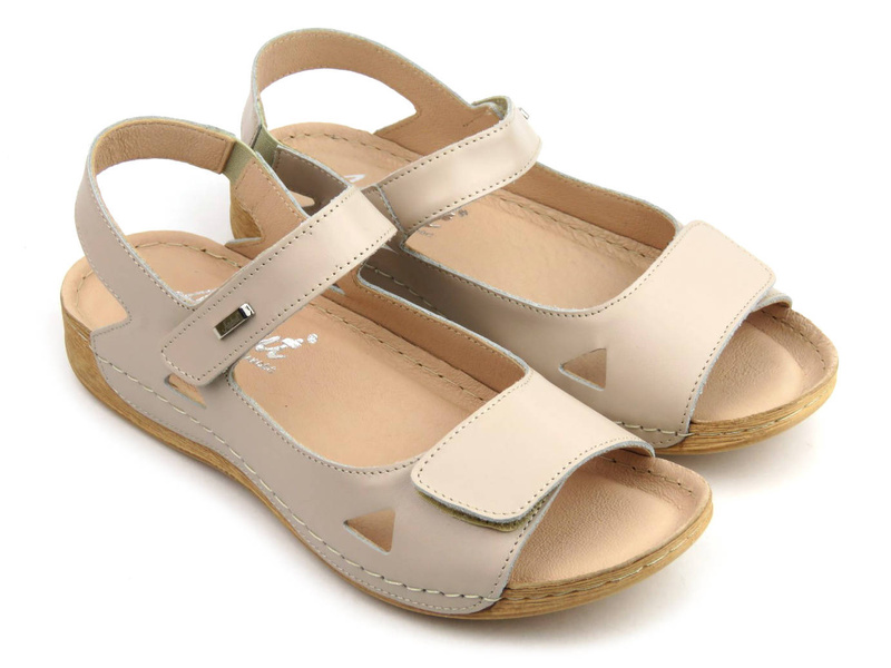 Skórzane sandały damskie z miękką wkładką - Agxbut 550, cappuccino